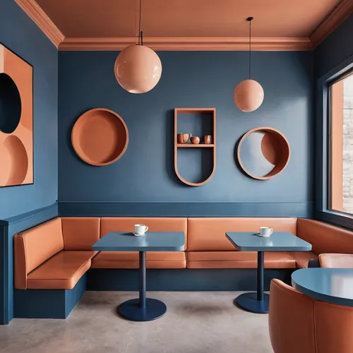 corten steel,modern decor,breakfast room,interior design,retro diner,tile kitchen,interiors,round metal shapes,tiles shapes,ufo interior,a restaurant,new york restaurant,interior decoration,blue coffee cups,geometric style,contemporary decor,kitchenette,decor,wall decoration,bar stools,Illustration,Black and White,Black and White 32