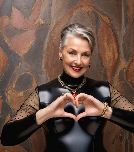 a beautyful 40yo lady in a shiny black latex dress give a heart sign,divine healing energy,red heart medallion in hand,heart shape frame,a heart for animals,portrait of christi,heart icon,queen of hea