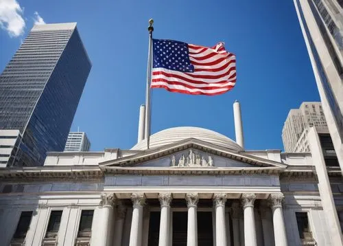 Government building, federal style, grandiose structure, marble columns, dome-shaped roof, American flag flying high, urban cityscape, busy streets, suit-clad businessmen walking by, modern skyscraper