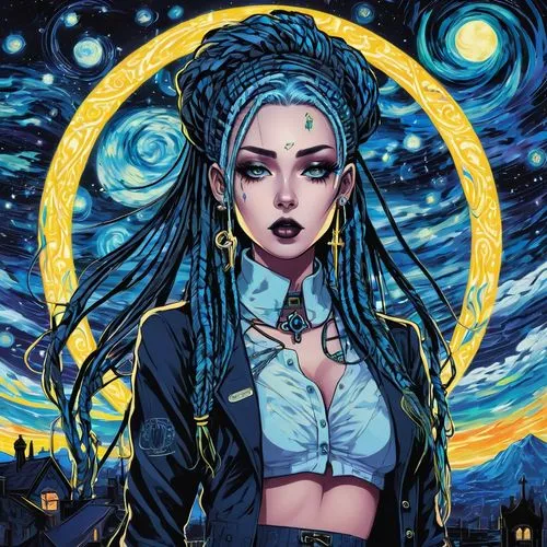 karou,jinx,luna,blue enchantress,nessa,leota,korana,zodiac sign libra,cielo,fantasy portrait,selene,saturnyne,callisto,hecate,moonstar,denim background,longhena,nyx,azari,niobe,Illustration,Realistic Fantasy,Realistic Fantasy 46