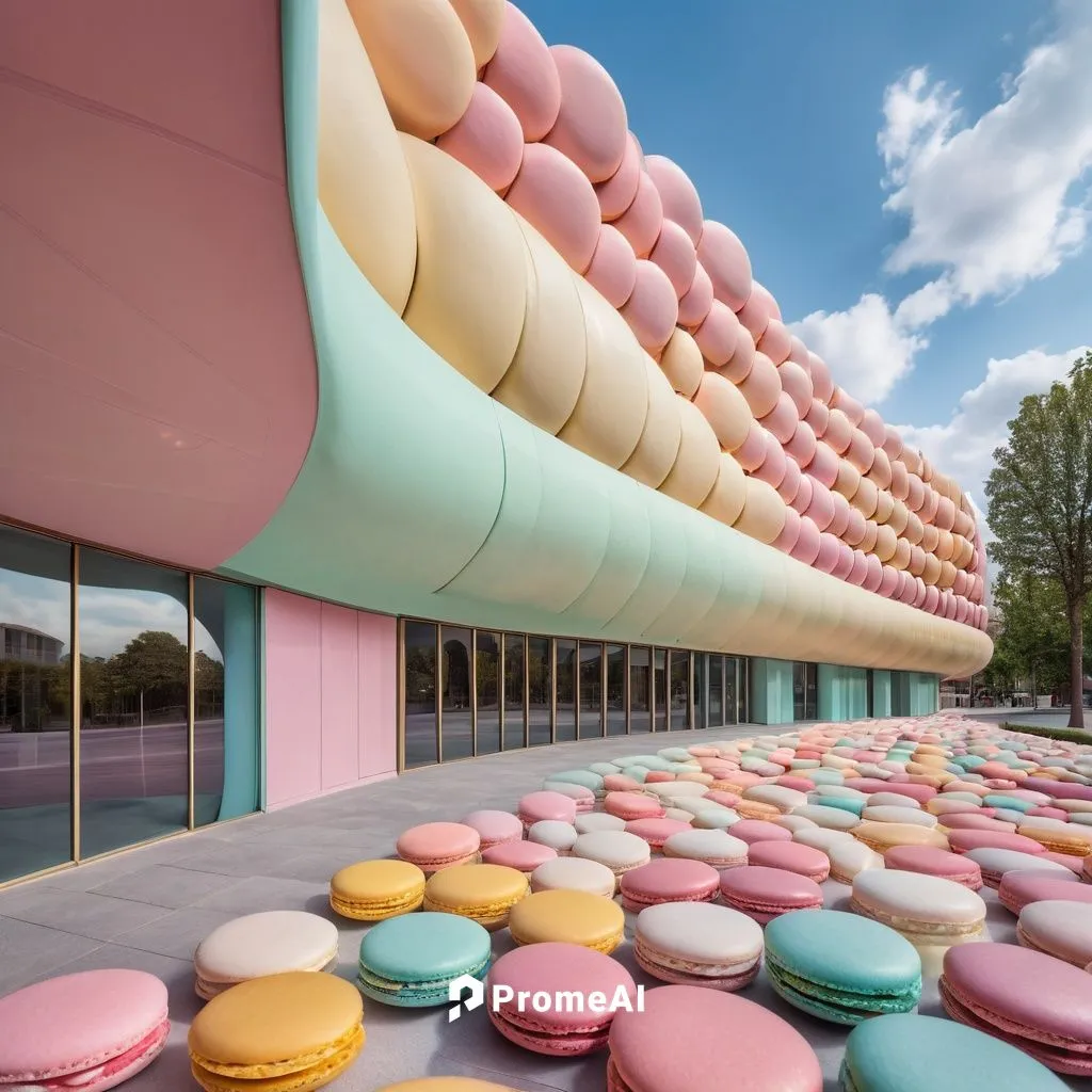 theater building where the seating and exterior facade mimic layers of macarons, with different sections featuring pastel colors. The rounded shapes and smooth surfaces resemble the curves of the swee