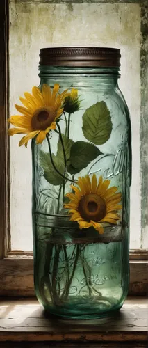 sunflowers in vase,glass jar,empty jar,mason jar,honey jar,flower vase,jar,sunflower lace background,still life of spring,glass vase,bell jar,verrine,mason jars,glass container,jars,summer still-life,honey jars,woodland sunflower,calendula,still life photography,Illustration,Realistic Fantasy,Realistic Fantasy 29