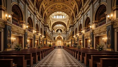 Intricate mosaics, golden domes, ornate columns, lavish arches, richly textured stone walls, vibrant frescoes, grand basilica layout, majestic altar, elegant apse, ornamental capitals, delicate filigr