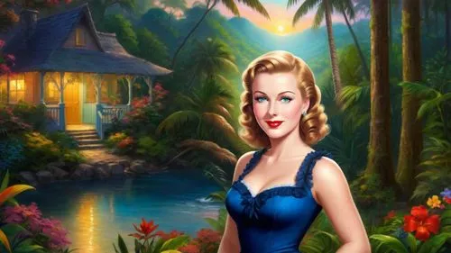 Romantic masterpiece oil painting, cute girl portrait, nostalgic 1950's style kitsch, vibrant rainforest landscape, lush tropical jungle paradise, summer beach vacation seaside cottage sunset scenery,