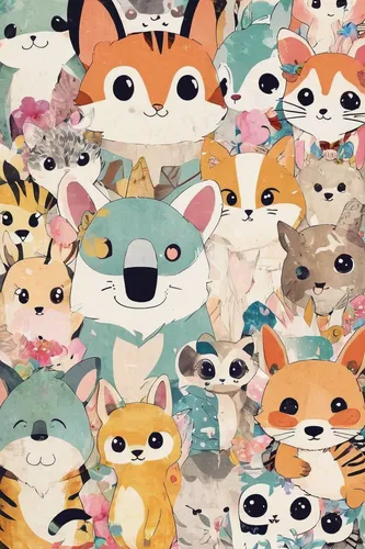 cute anime animals wallpaper 63 images,vintage wallpaper,fox stacked animals,kawaii animal patch,seamless pattern,foxes,children's background,background pattern,birthday banner background,animal stick