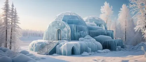 Modern Igloo architecture, snowy terrain, Arctic landscape, ice blocks stacked, transparent ice walls, frozen lake in background, snowflakes gently falling, morning sunlight, soft warm lighting, frost