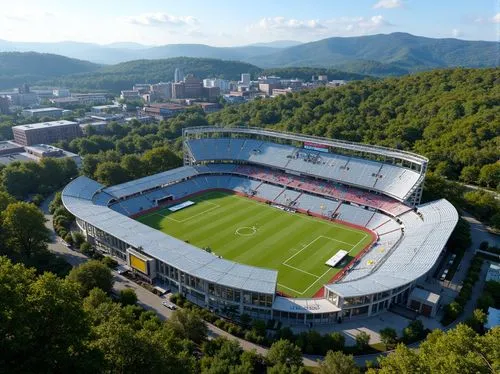 Panoramic football stadium, lush green landscape, rolling hills, natural stone seating areas, curvaceous architecture, cantilevered roofs, transparent glass fa\u00e7ades, sleek metallic structures, vi