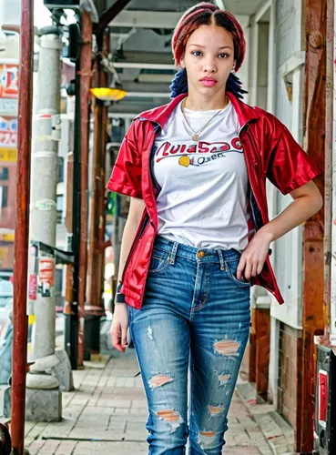 retro woman,retro women,retro girl,vintage clothing,jeans background,retro styled,retro look,retro diner,street fashion,red tones,fire red,rags,denims,grunge,concrete chick,retro style,denim background,americana,girl in overalls,harlem