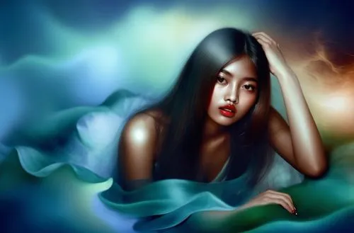 An amazing japanese young woman  with red lips and green eyes
,a woman with black hair and blue dress poses on water,mermaid background,dyesebel,amphitrite,world digital painting,naiad,sirene,Illustra