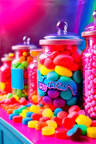 Colorful candy store, sweet treats, pastel colors, shiny glass jars, transparent containers, overflowing candies, lollipops, gummies, sour candies, rainbow colors, sparkles, soft focus, warm lighting,