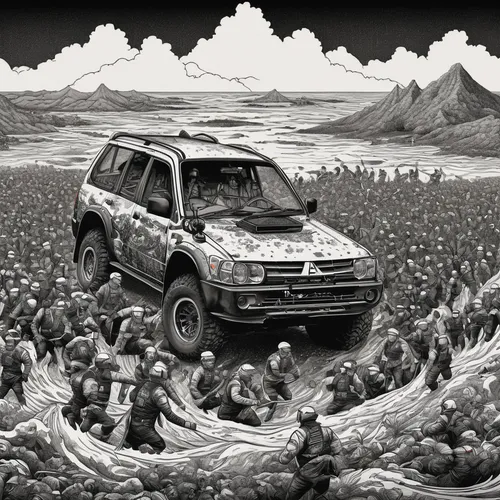 Imagine a humorous scenario where a group of friends competes in a Mitsubishi race.,toyota land cruiser,tata sumo,snatch land rover,mercury mariner,suzuki jimny,nissan xterra,dakar rally,mitsubishi pa