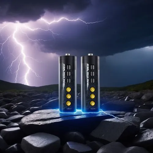 a digital batteries in a dark crack stone with wild storm with lightning effect on the background, dark sky, wide angle , storm


,a pair of black batteries sitting on top of rocks under a lightning,p