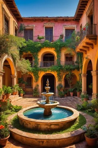 hacienda,courtyard,courtyards,philbrook,inside courtyard,alhambra,spa water fountain,provencal,haveli,patios,cortile,roussillon,neemrana,la kasbah,tuscan,santa barbara,filoli,antigua guatemala,parador,casa,Art,Classical Oil Painting,Classical Oil Painting 11