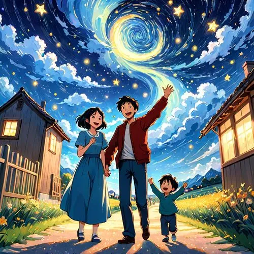 studio ghibli,ghibli,starry sky,star sky,hosoda,skygazers,Anime,Anime,Traditional