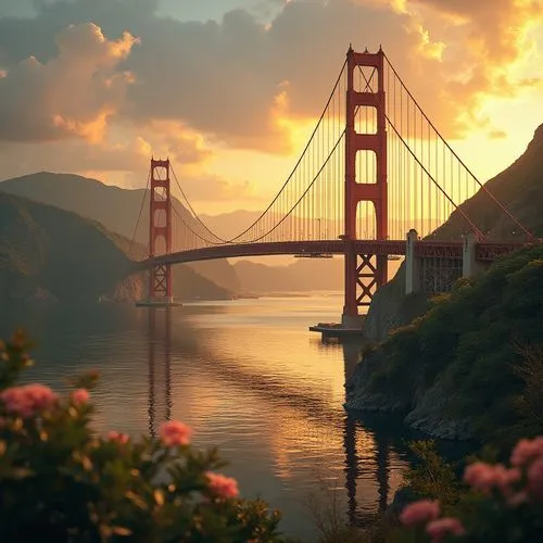 Golden bridge, ornate details, grandiose architecture, suspension cables, majestic pillars, sunset time, warm golden light, reflected on calm water, riverbank, lush greenery, blooming flowers, vibrant