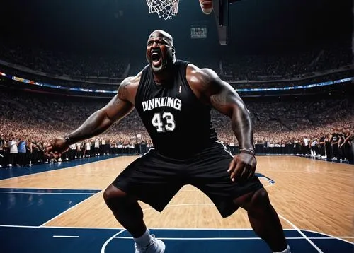 Muscular man, Shaquille O'Neal, 45yo, dominant expression, pierced ears, tattoos, shaved head, beard, black tank top, sports shorts, sneakers, basketball, dunking, powerful jump, dynamic movement, sta