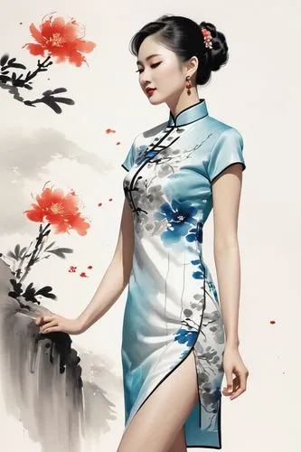 (Chinese ink painting:1.5), minimalism, side view of beautiful lady (wearing a short deep slit qipao, short sleeve:1.5), slight smile, (flower in background:1.5),cheongsam,diaochan,kuanyin,qipao,geish