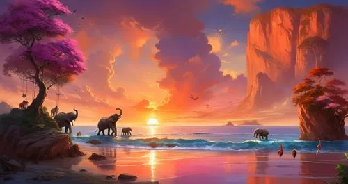 As the sun dips below the horizon, a fiery orange and red hue paints the sky in shades of pink, orange, and red. In the distance, a group of majestic animals grazes on the vast expanse of the Caribbea