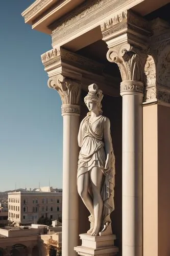 Ancient Greek-inspired sculpture, intricate details, ornate carvings, marble material, smooth texture, grandiose scale, placed atop a Neoclassical building, ornate columns, arches, balconies, urban ci