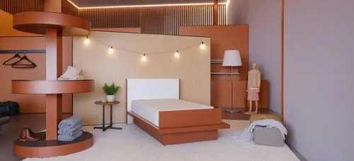 tienda de  muebles, con alfombra y ropa en exposicion,the room has multiple brown colored walls and a white carpet,treatment room,therapy room,modern room,doctor's room,sickbay,interior modern design,