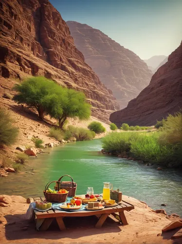 Imagine a peaceful picnic in the Wadi Mujib,picnic boat,wadi,oman,atlas mountains,desert landscape,desert desert landscape,wadirum,al siq canyon,fishing float,nile river,taxi boat,timna park,fishing c