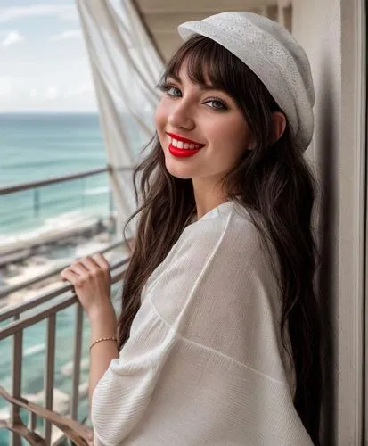  portrait half body of a beautiful caucasian girl 22 years old, smiling, red lips, long black hair wearing a white dress in a balcony close to wall behind to sea in miami in the morning as background 