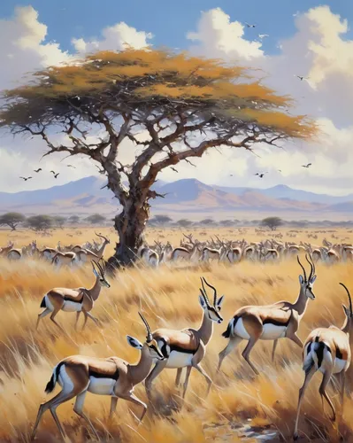 serengeti,antelopes,namib,namib rand,etosha,kudu,impala,hartebeest,namib desert,tsavo,animal migration,antelope,hunting scene,gazelles,thomson's gazelle,pere davids deer,giraffidae,blackbuck,duiker island,namibia,Conceptual Art,Oil color,Oil Color 09