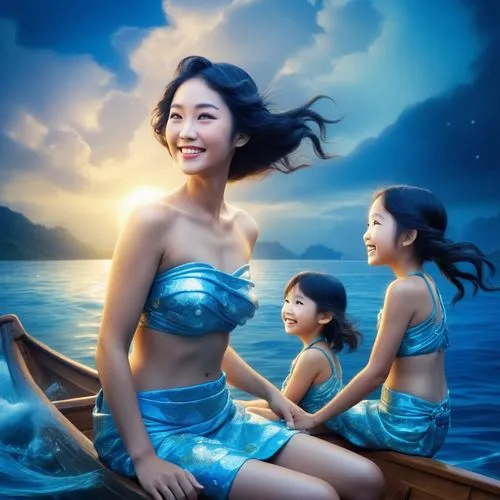 A traditional Japanese Ama pearl diver, two daughters sitting in the boat, big smile, wearing traditional loincloth with a blue wave print style,,A traditional Japanese Ama pearl diver, two daughters 