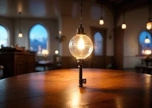 a round table has a hanging light on it,incandescent lamp,vintage light bulb,kerosene lamp,retro kerosene lamp,the light bulb,light bulbs,Photography,General,Realistic