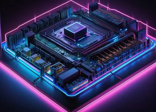 supercomputer,cybertown,supercomputers,microcomputer,cyberport,processor,isometric,voxel,cyberview,data center,the server room,microcomputers,cyberscene,neon coffee,cybercity,cyberia,computer chips,3d render,datacenter,multiprocessor,Illustration,Retro,Retro 04