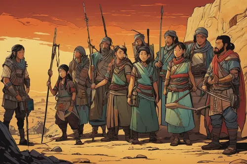 guards of the canyon,yi sun sin,magi,mulan,genghis khan,ancient parade,aesulapian staff,nomads,inner mongolia,mongolian,the dawn family,seven citizens of the country,utonagan,shuanghuan noble,mongolia,wise men,protectors,pilgrims,warrior east,group of people,Illustration,Japanese style,Japanese Style 21