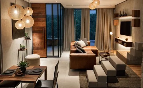 a living room and dining area with some lights hanging,minotti,amanresorts,andaz,mahdavi,contemporary decor,interior modern design,Photography,General,Natural