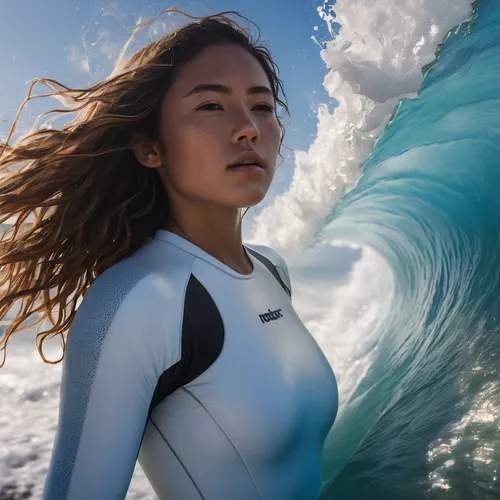 Improve the resolution and restore the image's fine details, 

Photo realistic portrait of a 20 year old Japanese  female surfer wearing low shoulder white silk dress,  standing position riding a big 