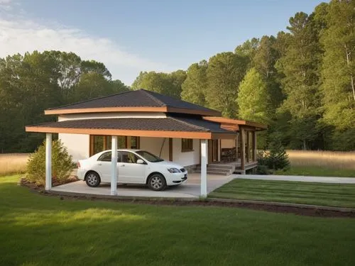 Мodern house surrounded by a forest.
The walls are white. Black roof.,a car in front of a house that is surrounded by grass,carport,carports,folding roof,electrohome,ev charging station,smart home,Pho