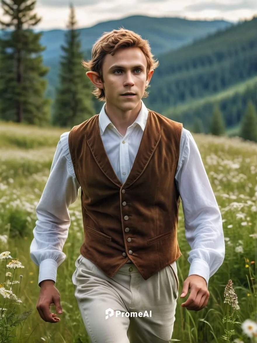 A young adult elf in a brown vest and white shirt strides confidently through a picturesque meadow, surrounded by wildflowers and tall grass. The forest is quiet, save for the gentle rustling of leave