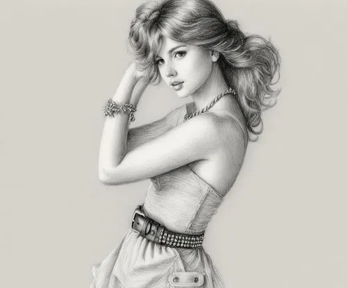 女生，黑白，素描，手链，项链，腰带,a drawing of a woman wearing a necklace,hyoty,blackney,navys,ailee,stoessel,pin-up girl,Illustration,Black and White,Black and White 30