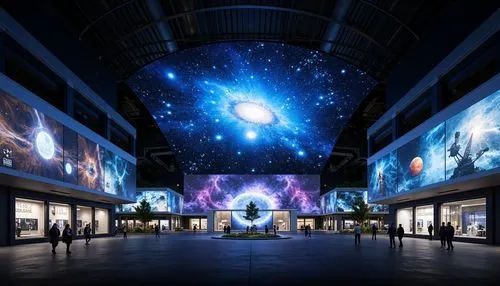 Cosmic planetarium, celestial body projections, immersive dome theater, futuristic architecture, curved glass facade, LED starry night sky, astronomical instrument displays, interactive exhibits, virt