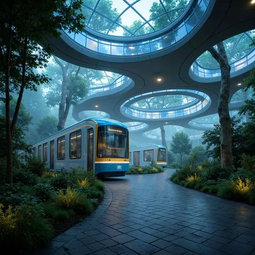 sky train,futuristic landscape,monorail,light rail train,skytrain,randstadrail,light rail,maglev,plant tunnel,arcology,futuristic architecture,tram,ecotopia,skyways,metrorail,skybridge,biospheres,skyrail,biopiracy,biosphere