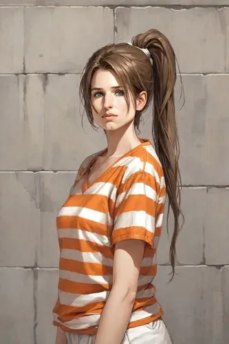 horizontal stripes,lara,striped background,pigtail,portrait background,ammo,ponytail,female model,tee,cotton top,orange,mikuru asahina,prisoner,ms,lori,daisy 2,kosmea,croft,lis,girl in t-shirt,Digital Art,Comic