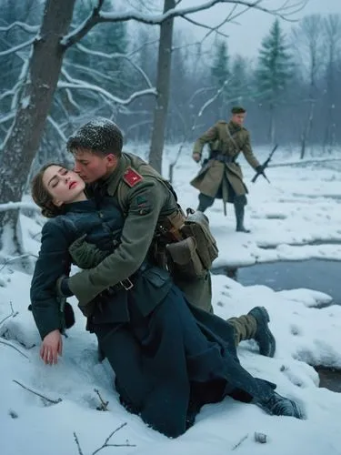 The picture depicts a dramatic scene in a winter landscape. A soldier in uniform holds an unconscious, scantily clad civilian woman in his arms, who has apparently been rescued from the icy water. Her