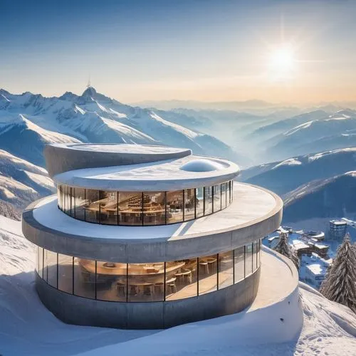 this is A coffee shop made of cement and glass on top of a hill, ZAHA style, clear sky, dazzling sun, swiss landscape, snow mountain, rich and immersive,schilthorn,snowhotel,avalanche protection,snow 