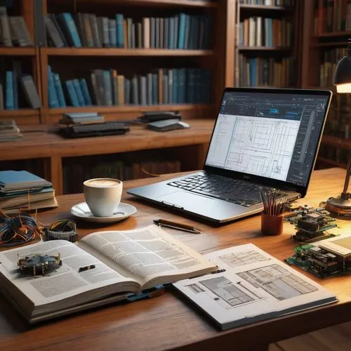 Bookshelf, university library, wooden desk, comfortable chair, messy notes, coffee cup, laptop, computer organisation and architecture book, opened page, highlighted texts, diagrams of CPU, GPU, RAM, 