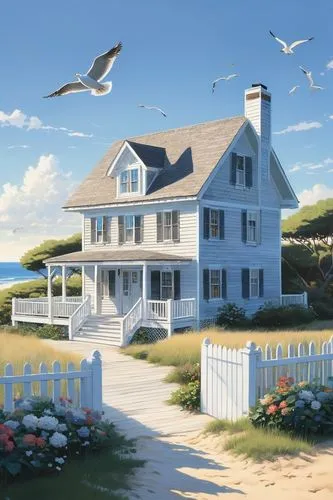 nantucket,seaside country,rodanthe,summer cottage,beach house,fisherman's house,seaside resort,house by the water,dreamhouse,edgartown,houses clipart,beach hut,new england style house,weatherboard,house painting,cape cod,home landscape,cottage,white picket fence,seahaven,Illustration,Japanese style,Japanese Style 14