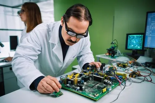 Microchip, futuristic laboratory, clean room, scientist in white coat, goggles, holding a small processor, motherboard, wires, circuits, CPU, GPU, RAM, motherboard components, metal legs, sleek design