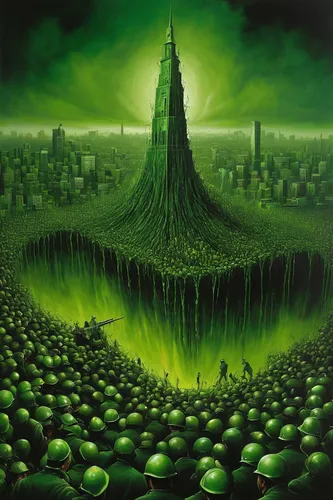 alien planet,mushroom landscape,alien world,terraforming,basil's cathedral,patrol,post-apocalyptic landscape,futuristic landscape,pea soup,green forest,green landscape,green aurora,green,necropolis,tower of babel,mushroom island,green valley,green energy,fantasy city,green tree,Illustration,Realistic Fantasy,Realistic Fantasy 34