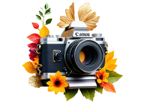 Canon camera, ClipArt style, colorful, detailed buttons, metallic body, lens, flash, LCD screen, ergonomic grip, silver and black color scheme, high angle shot, shallow depth of field, soft focus, vin