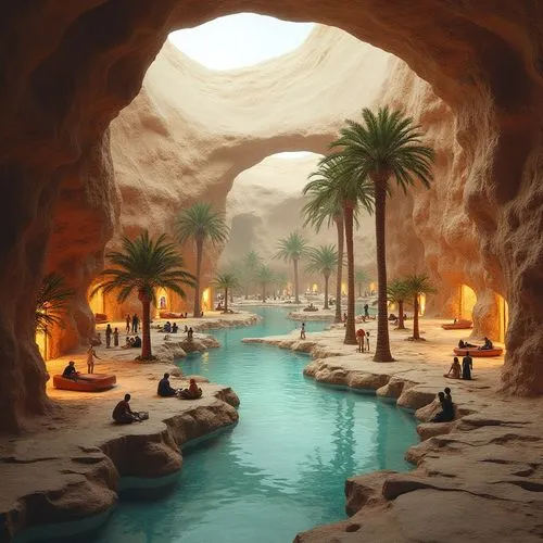 architecture presentation sketchesof  underground luxury resort carved into the rocky cliffs of a al ula desert saudia arabia , covered with tranlucent inflated shades , Interactive sapces with water 