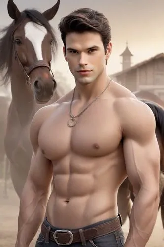 Stronger muscle man would look elegant and modern with a traditional touch. He would wear jeans, gray shirt, cowboy, and leather boots. His hair would be black. Mexican ranch house. Rich family. Horse