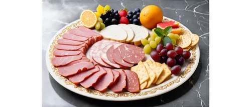 Modern cold cuts platter, assorted meats, colorful garnishes, fresh fruits, crackers and bread, elegant arrangement, marble background, shallow depth of field, warm lighting, 3/4 composition, close-up