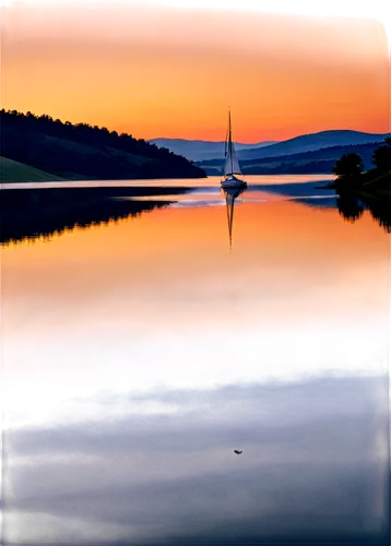 Beautiful scenery, peaceful landscape, sunset, gentle hills, few trees, calm lake, soft ripples, sailboat in distance, warm golden light, 3/4 composition, shallow depth of field, vibrant color tone, c